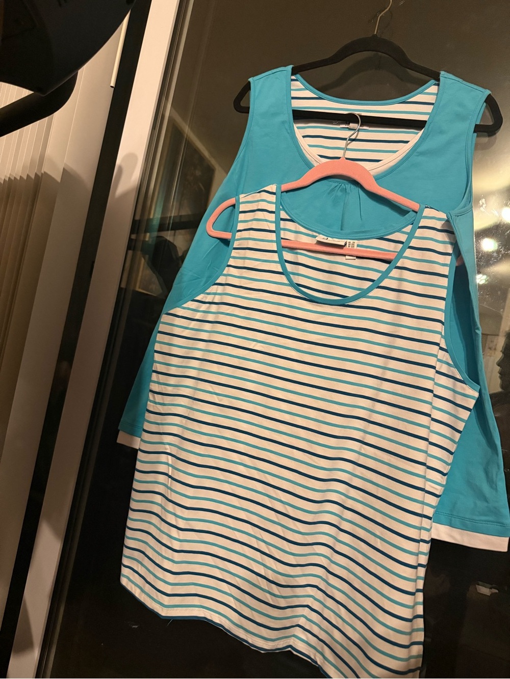 Women's Set of 2 aqua stripe and solid Tank Tops